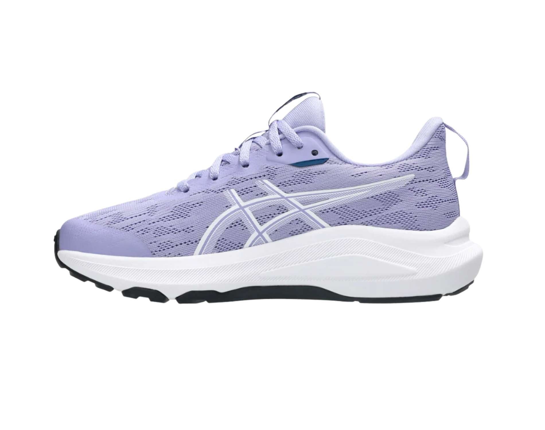 Purple running shoe with white sole on a white background
