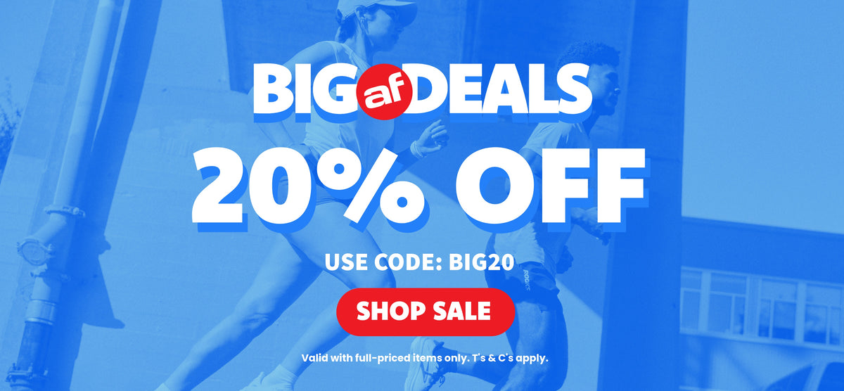 Promotional banner with a blue-tinted background showing a person in athletic wear, large white text reading 'BIG af DEALS 20% OFF,' a red circle with 'af' in the middle, and a red button that says 'SHOP SALE.'.