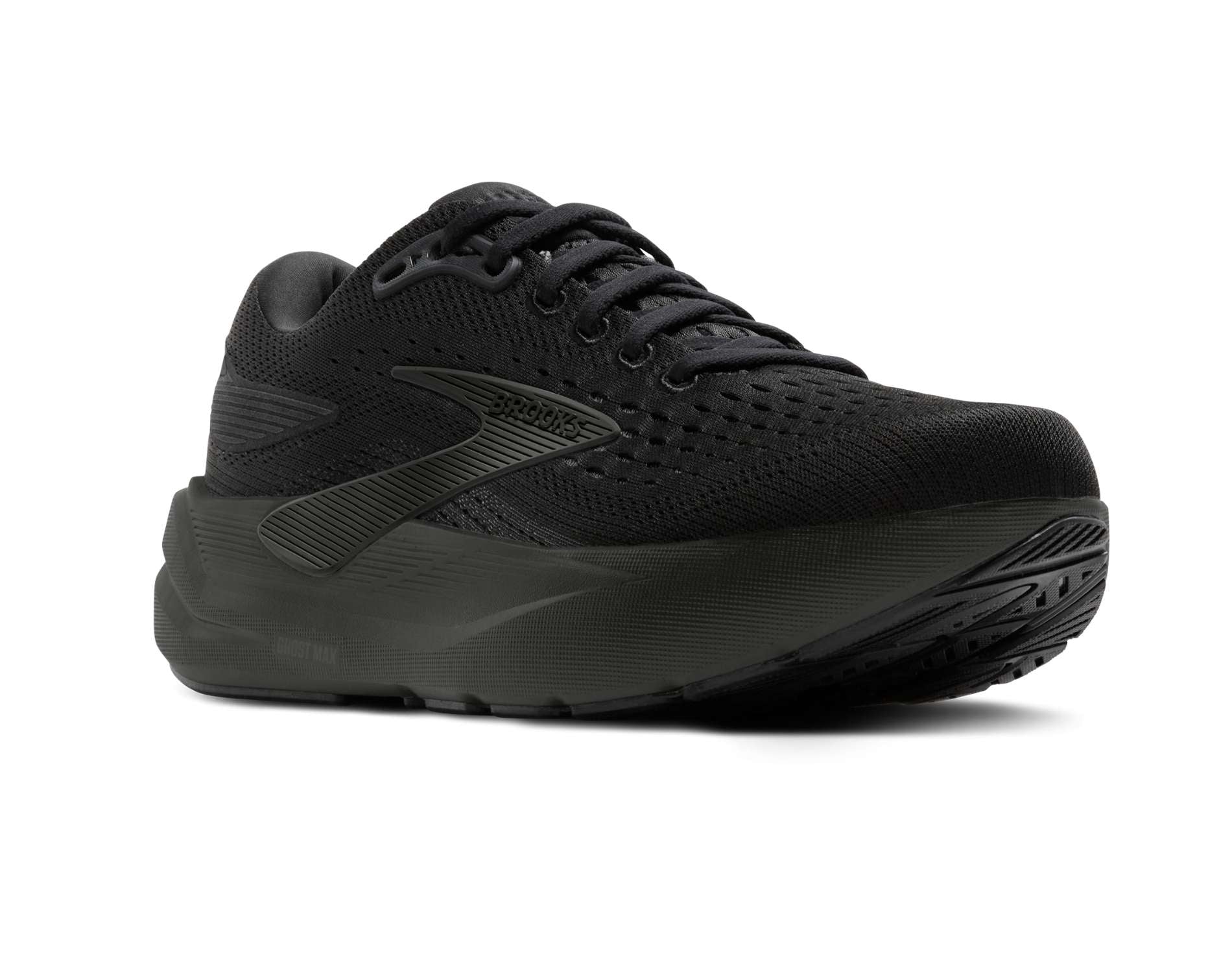 Black running shoe on a white background