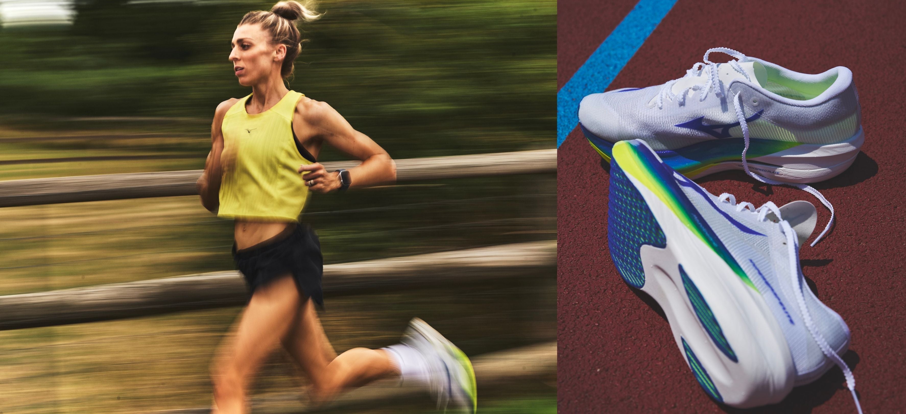 A female performance runner wearing Mizuno Hyperwarp on with a close-up of the shoes