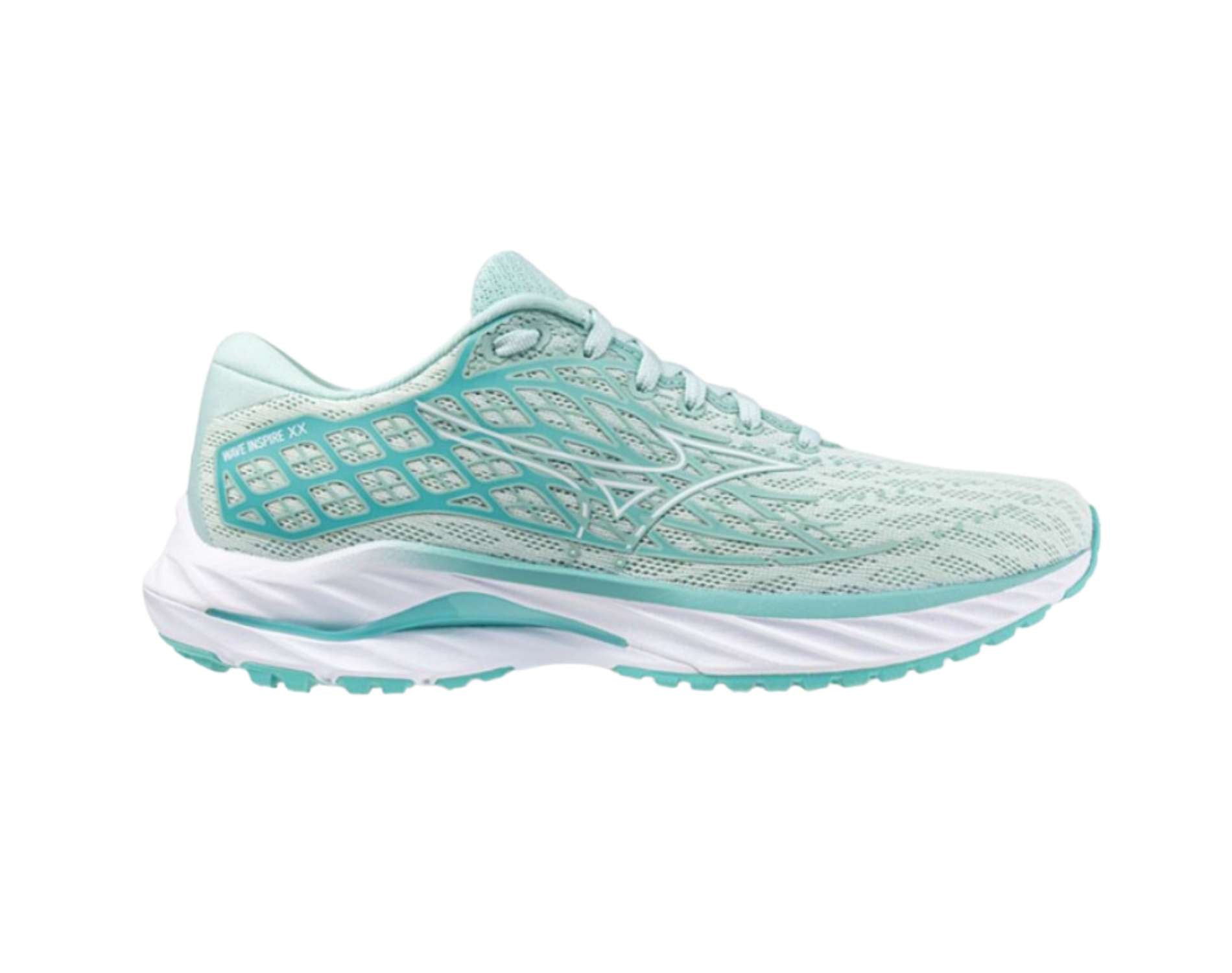 A pair of Mizuno Wave Inspire 20 women's running shoes in blue color with mesh upper material and rubber outsole.