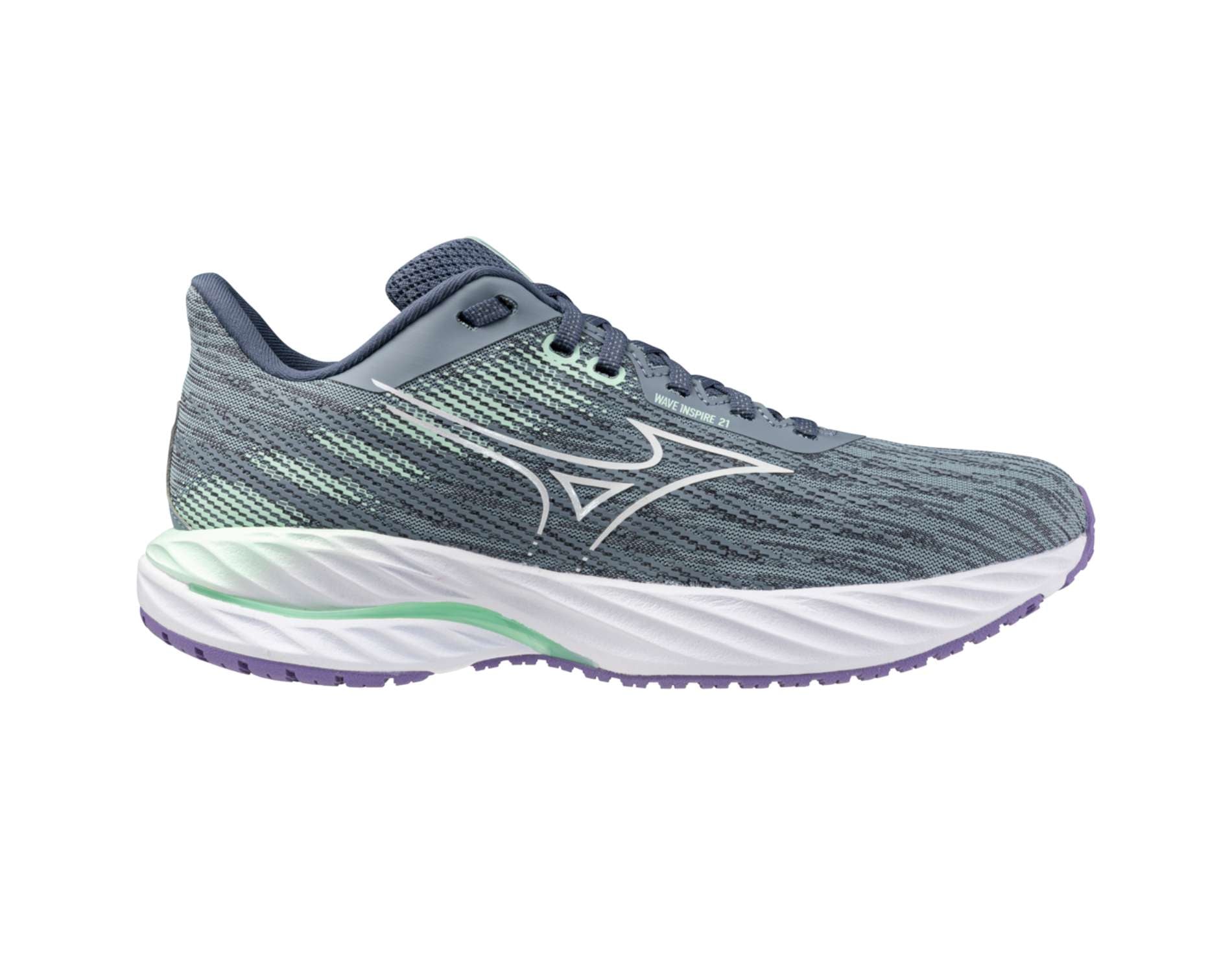 A pair of Mizuno Wave Inspire 21 women's running shoes in gray with blue and white accents.