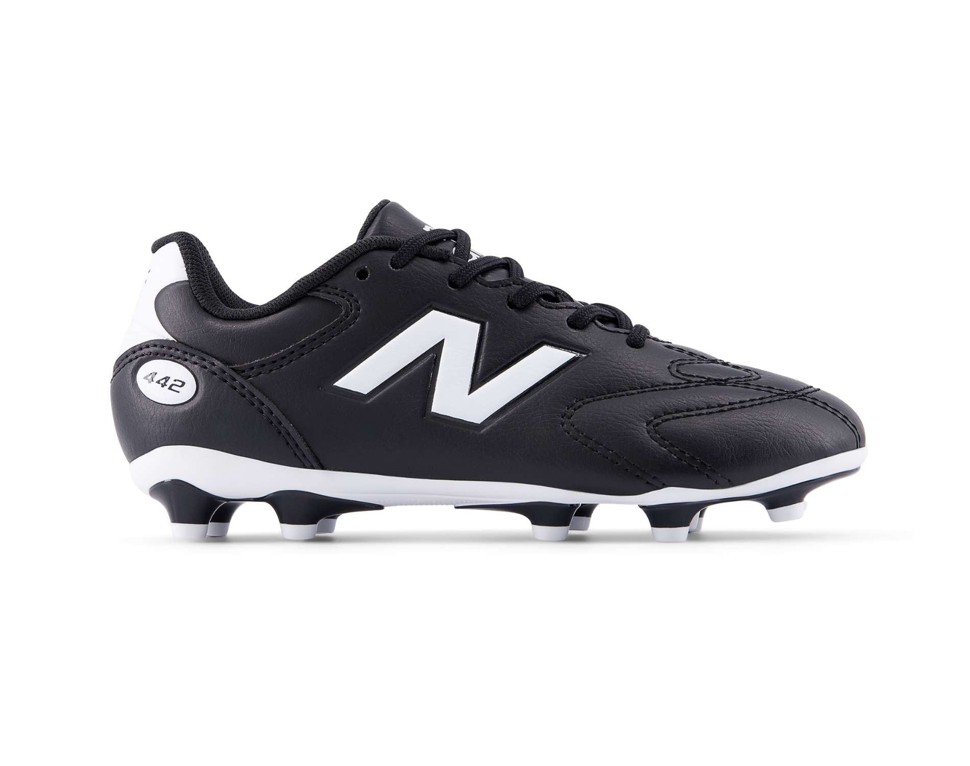 Black soccer cleat with white sole on a white background