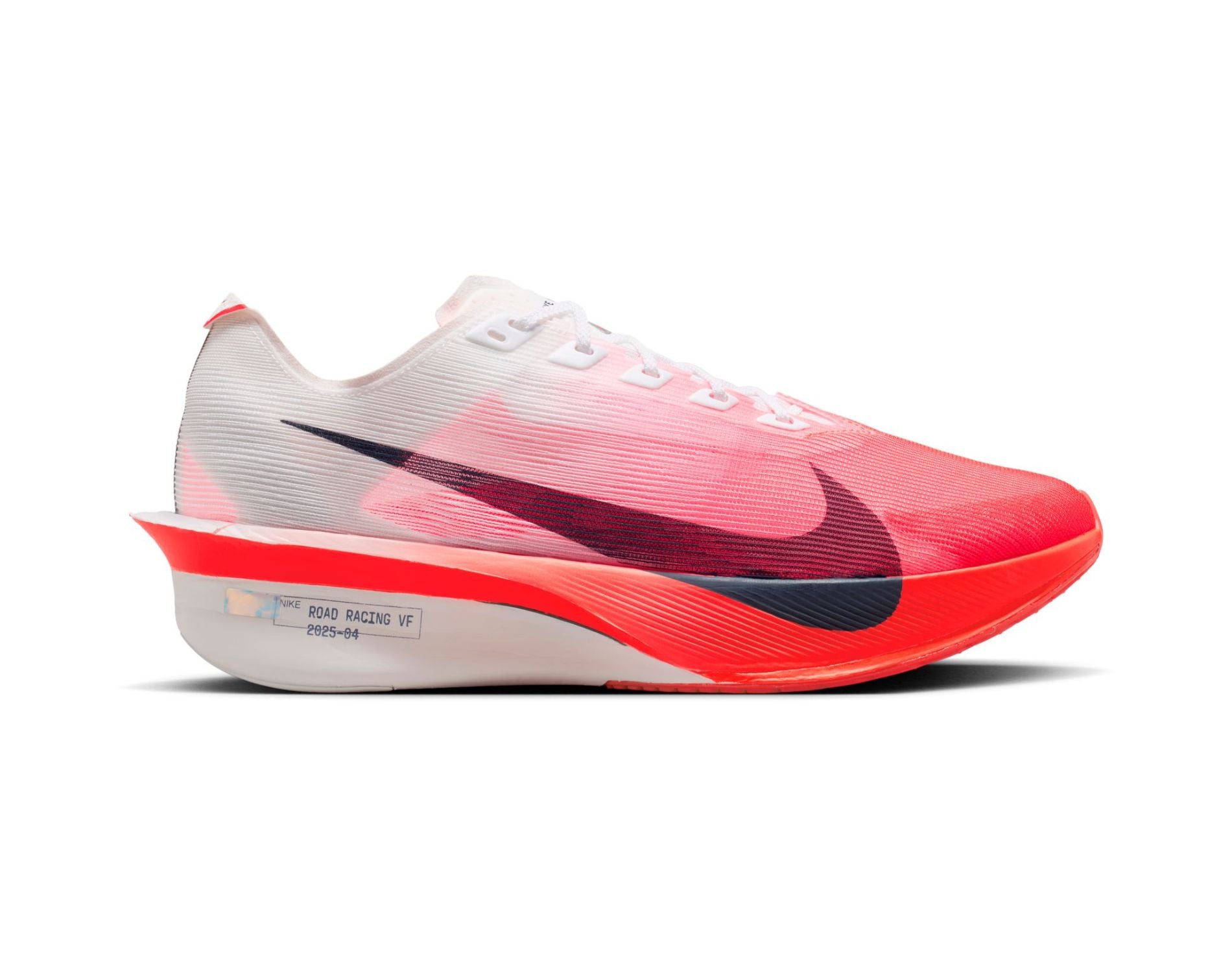 Red and white running shoe with Nike logo on a white background