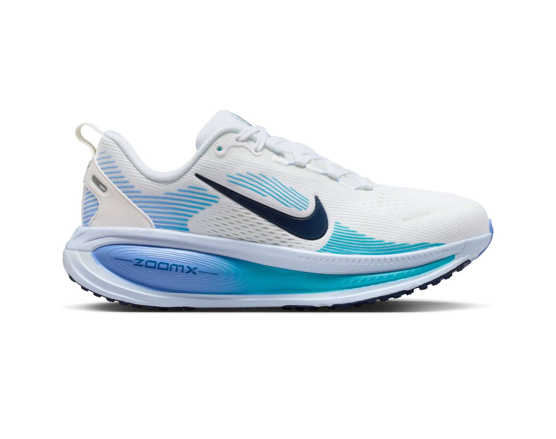White and blue running shoe with Nike logo on a white background