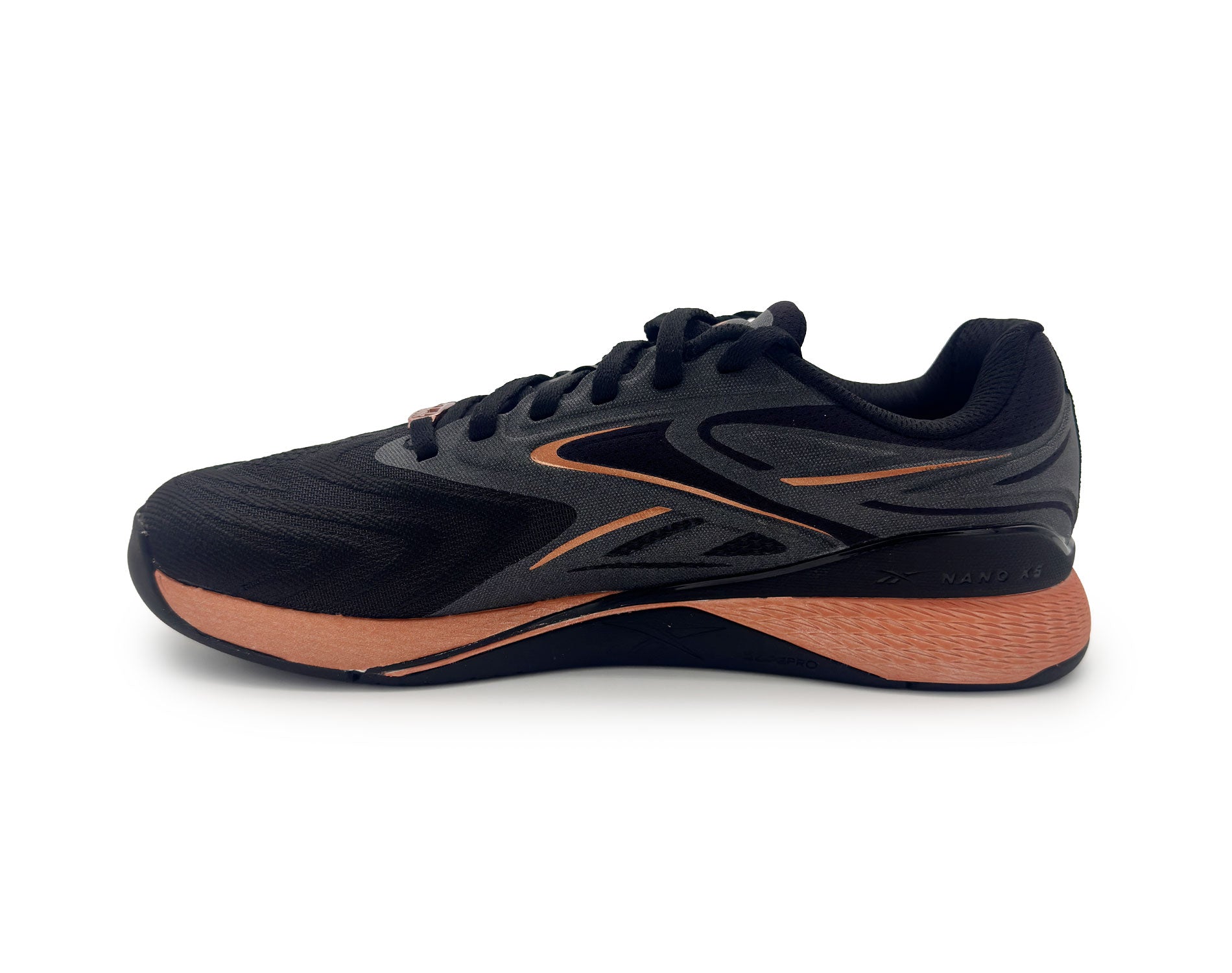 Black and brown athletic shoe on a white background