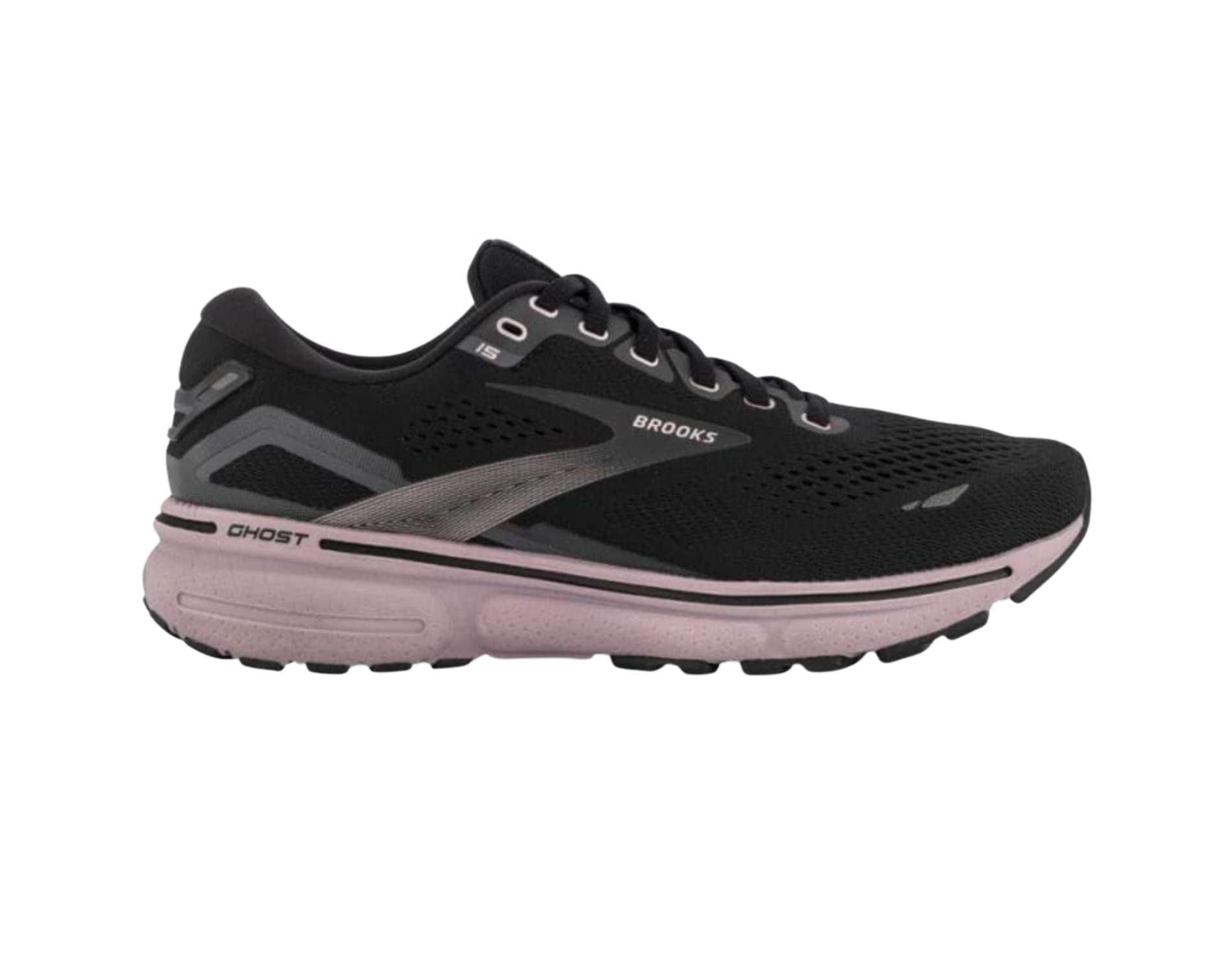 Brooks Ghost 15 womens running shoe in standard width in black rosegold  colour 