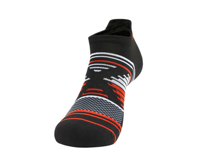 Black ankle sock with red and white patterns on a white background