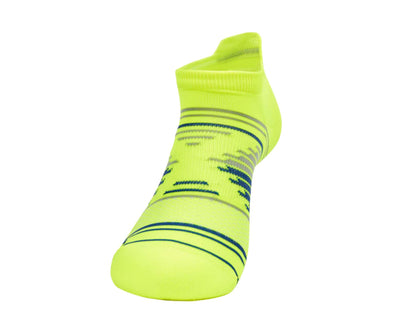 Neon Yellow athletic sock with bluepatterns on a white background