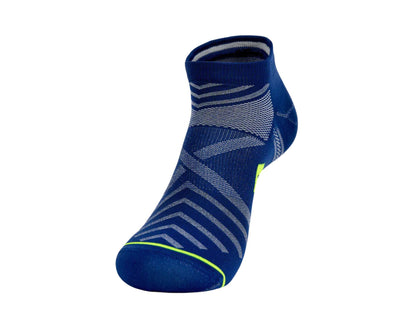 Blue athletic sock with gray pattern on a white background