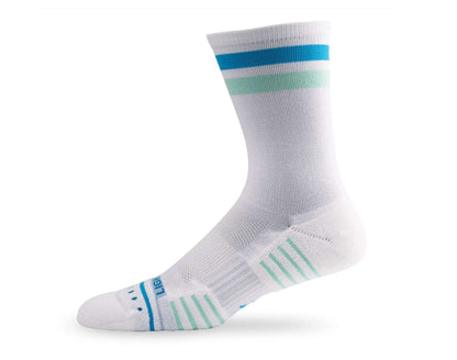 White sock with green and blue stripes on a white background