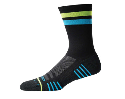 Black sock with colorful stripes on a white background