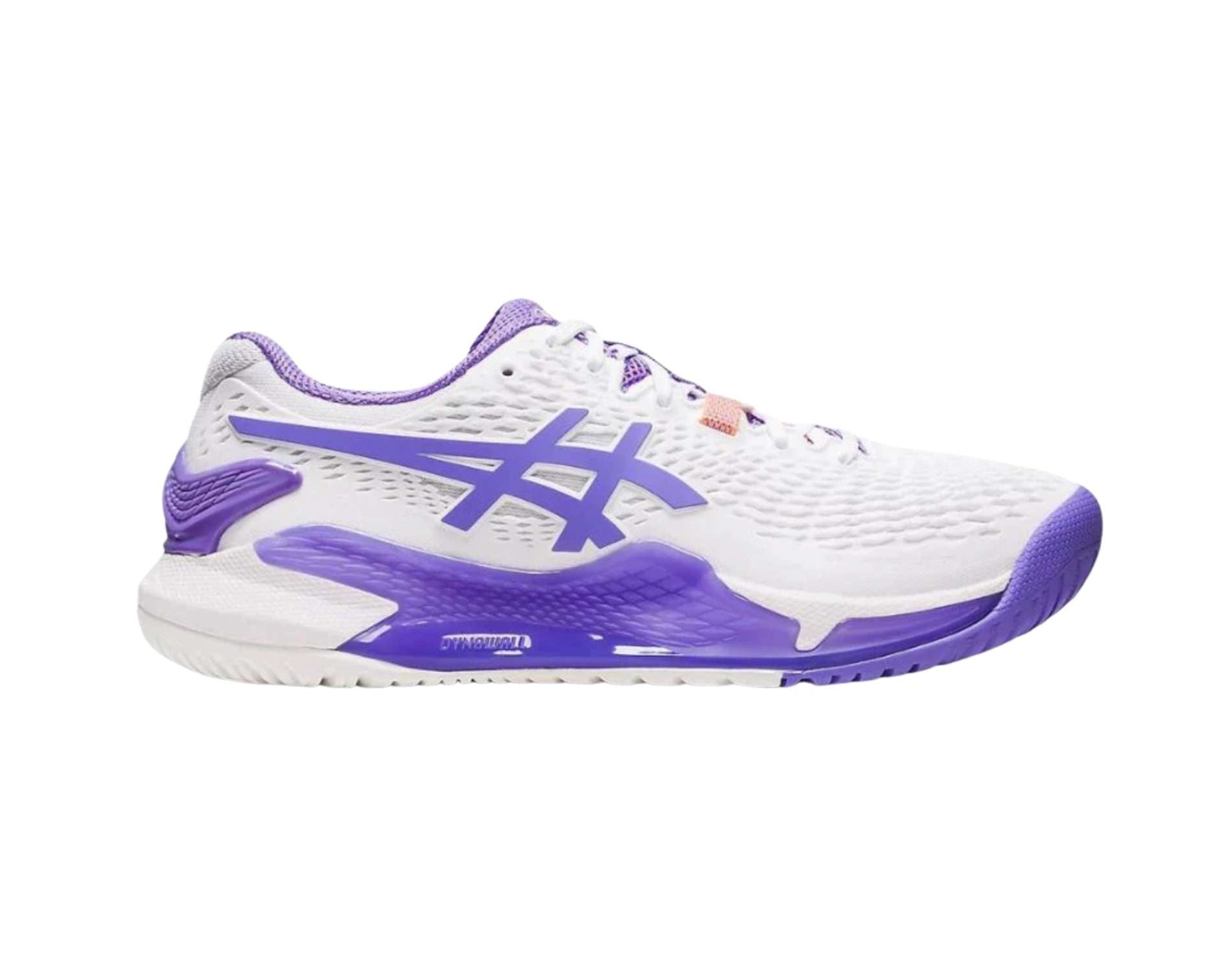 Asics Gel Resolution 9 womens tennis shoe in b standard width in white amethyst colour