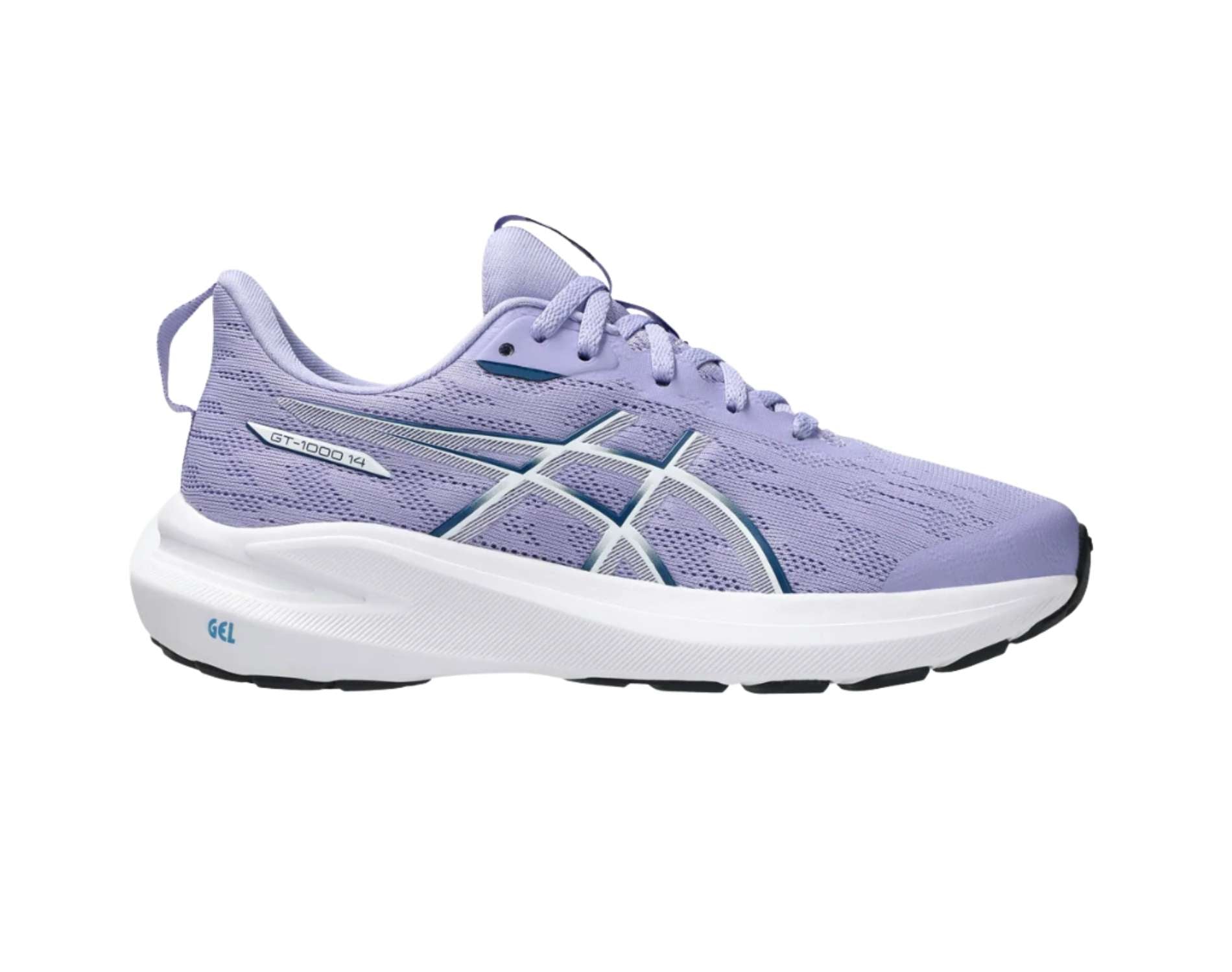 Purple running shoe with white sole on a white background