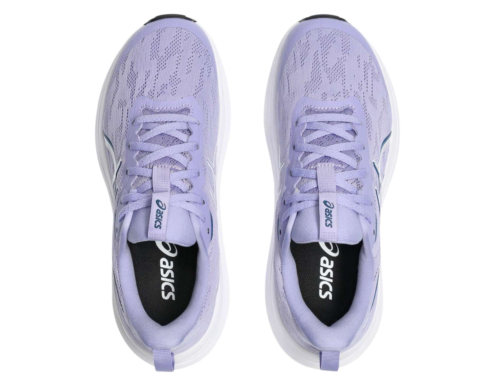 Pair of purple running shoes with Asics branding on a white background