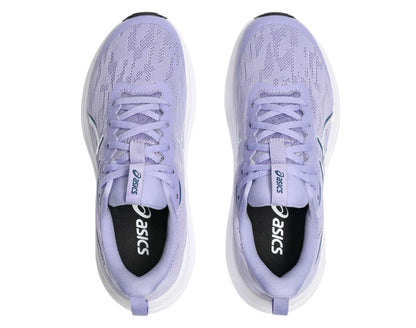 Pair of purple running shoes with Asics branding on a white background