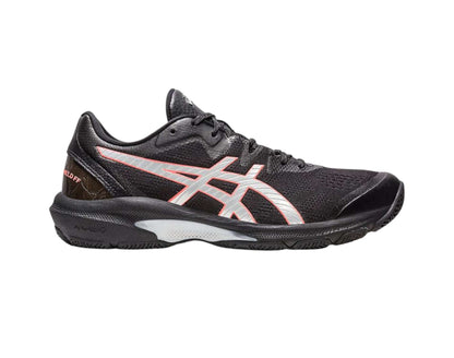 Asics netburner Shield ff womens b width netball shoe in black pure silver colour