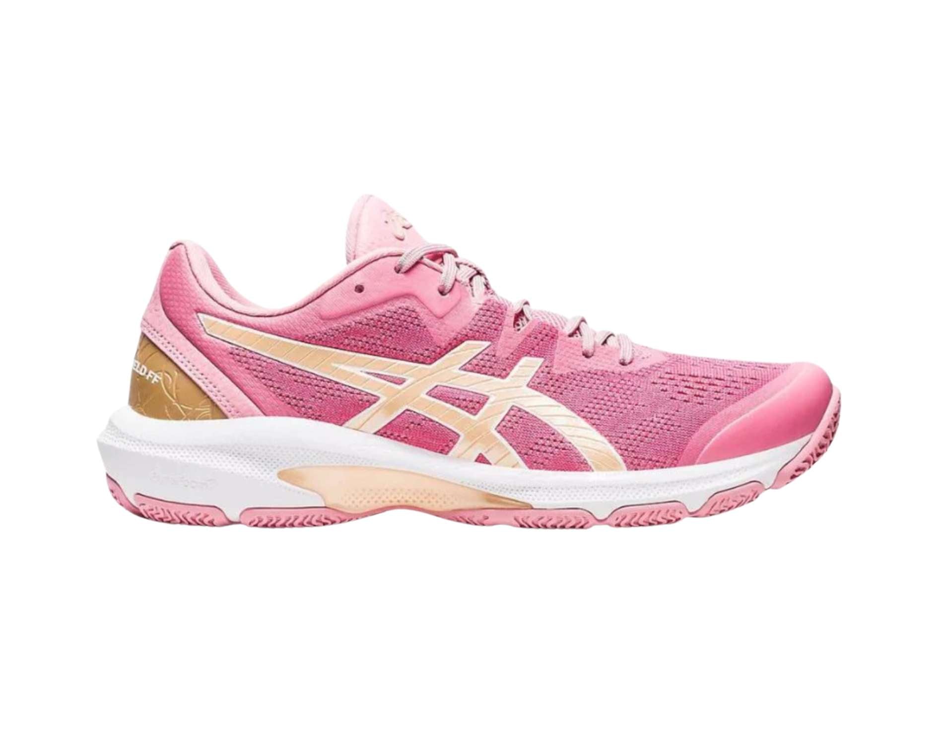 Asics Netburner Shield FF womens netball shoe in standard B width  in fruit punch champagne colour