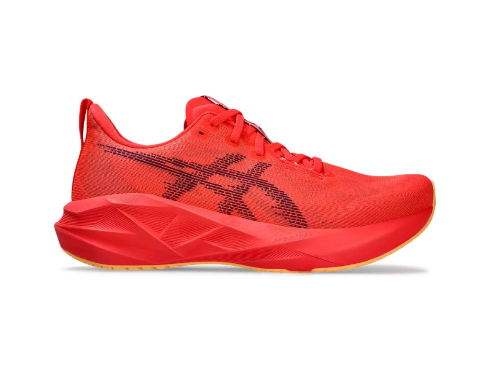 Asics Novablast 5 women's neutral running shoe in red, side view