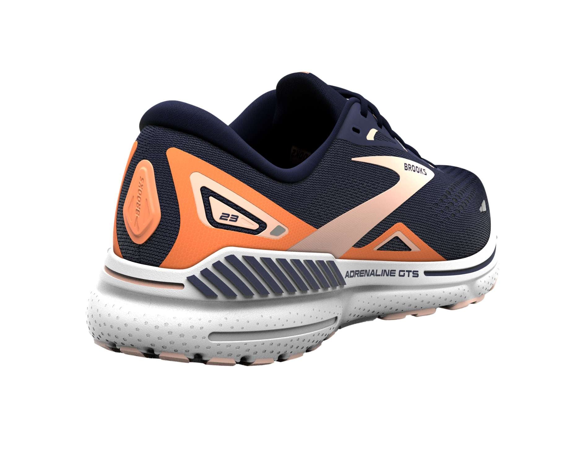 Brooks Adrenaline GTS 23 womens running shoe in standard width in peacoat tangerine peach colour