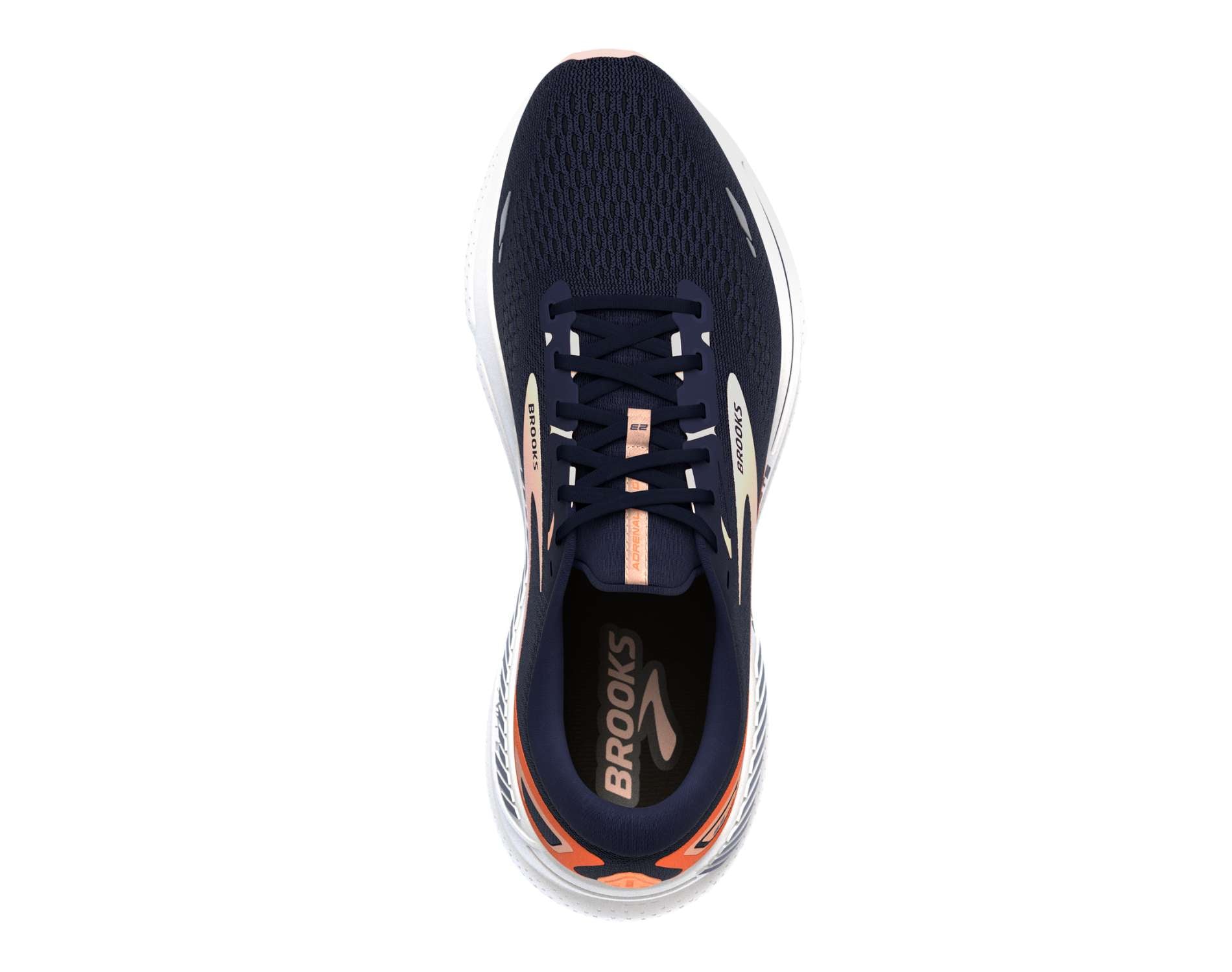 Brooks Adrenaline GTS 23 womens running shoe in standard width in peacoat tangerine peach colour