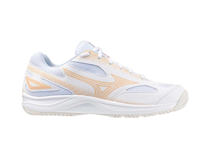 Mizuno Stealth Star Jr Kids netball shoes in white peach colour