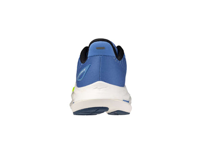 Blue athletic shoe with white sole on a white background