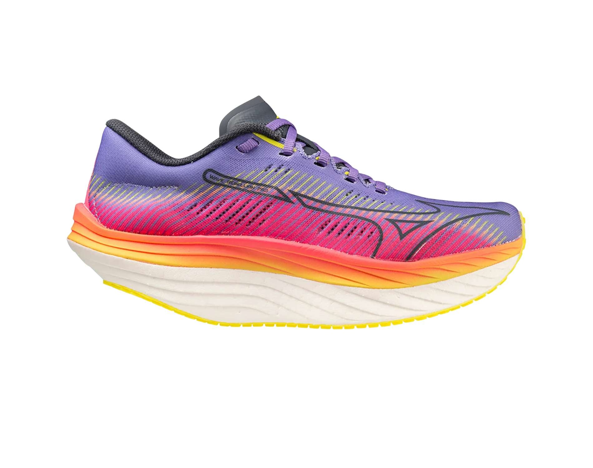 mizuno wave rebellion pro womens running shoe in b standard width in high-vis pink ombre blue purple punch colour
