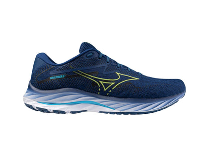 Mizuno Wave Rider 27 Mens running shoe in standard width in navy peony sharp green swim cap colour