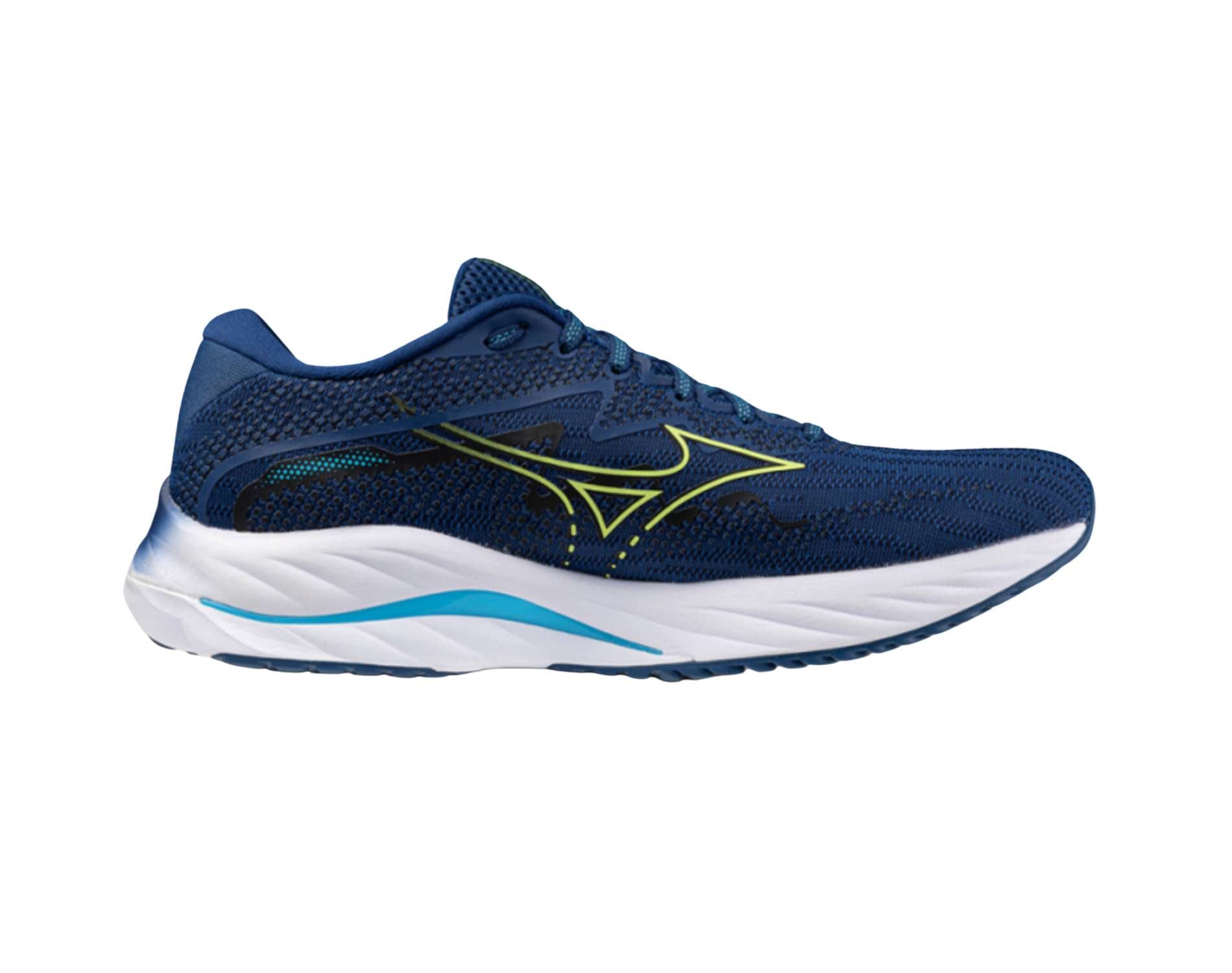 Mizuno Wave Rider 27 Mens running shoe in standard width in navy peony sharp green swim cap colour