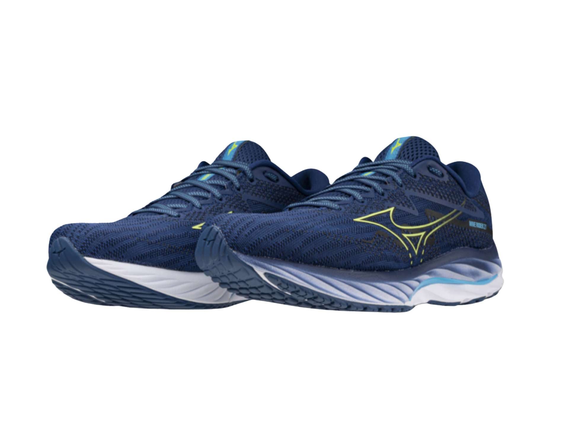 Mizuno Wave Rider 27 Mens running shoe in standard width in navy peony sharp green swim cap colour