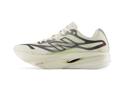 A New Balance running shoe in off-white and dark gray, featuring a thick cushioned sole and red branding details, shown from a side profile on a white background.