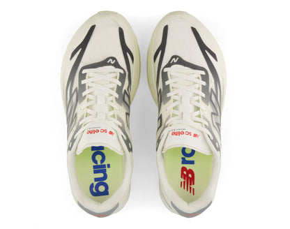 A pair of New Balance running shoes shown from a top-down view on a white background. The shoes are primarily off-white with black graphic overlays, white laces, and a light green interior lining with blue and red branding.