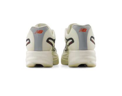 A pair of New Balance sneakers shown from the back, featuring off-white and gray uppers with red 'NB' logos and black side accents, set against a plain white background.
