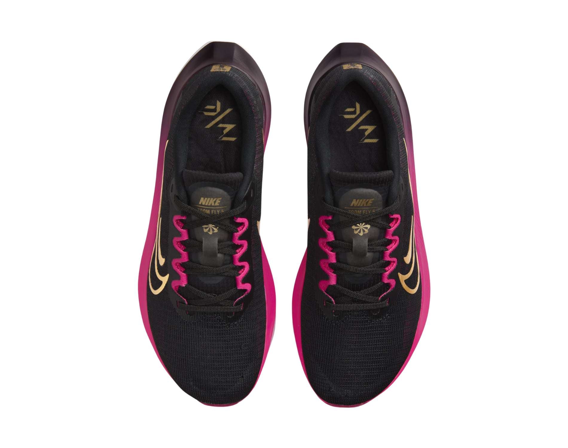 Nke Zoom Fly 5 womens b running shoe in  Black metallic gold white fireberry colour