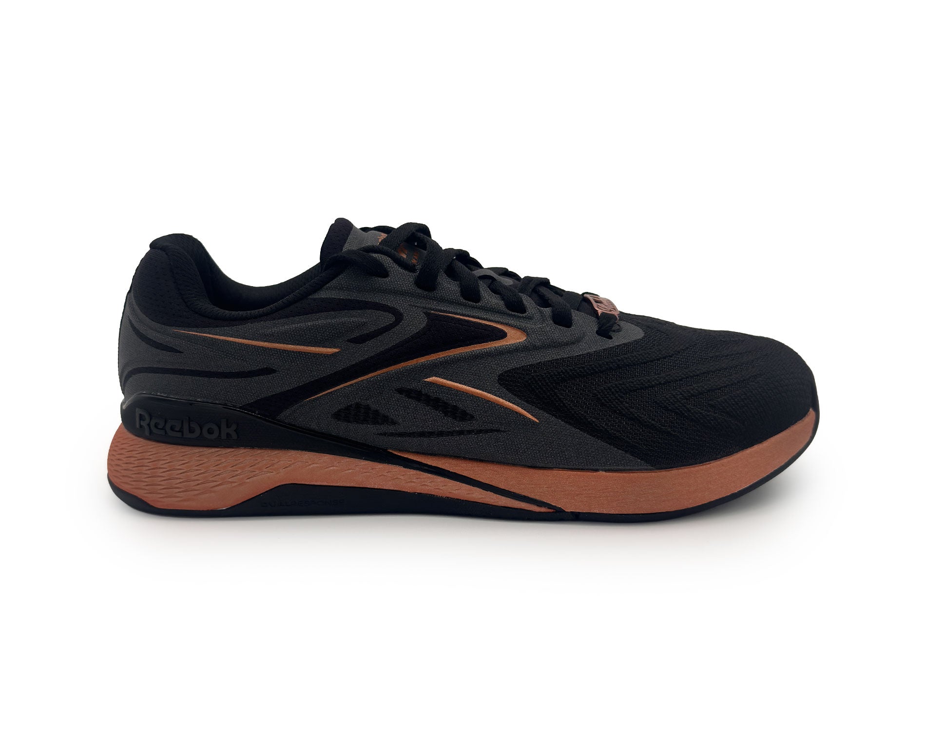 Black and brown athletic shoe on a white background