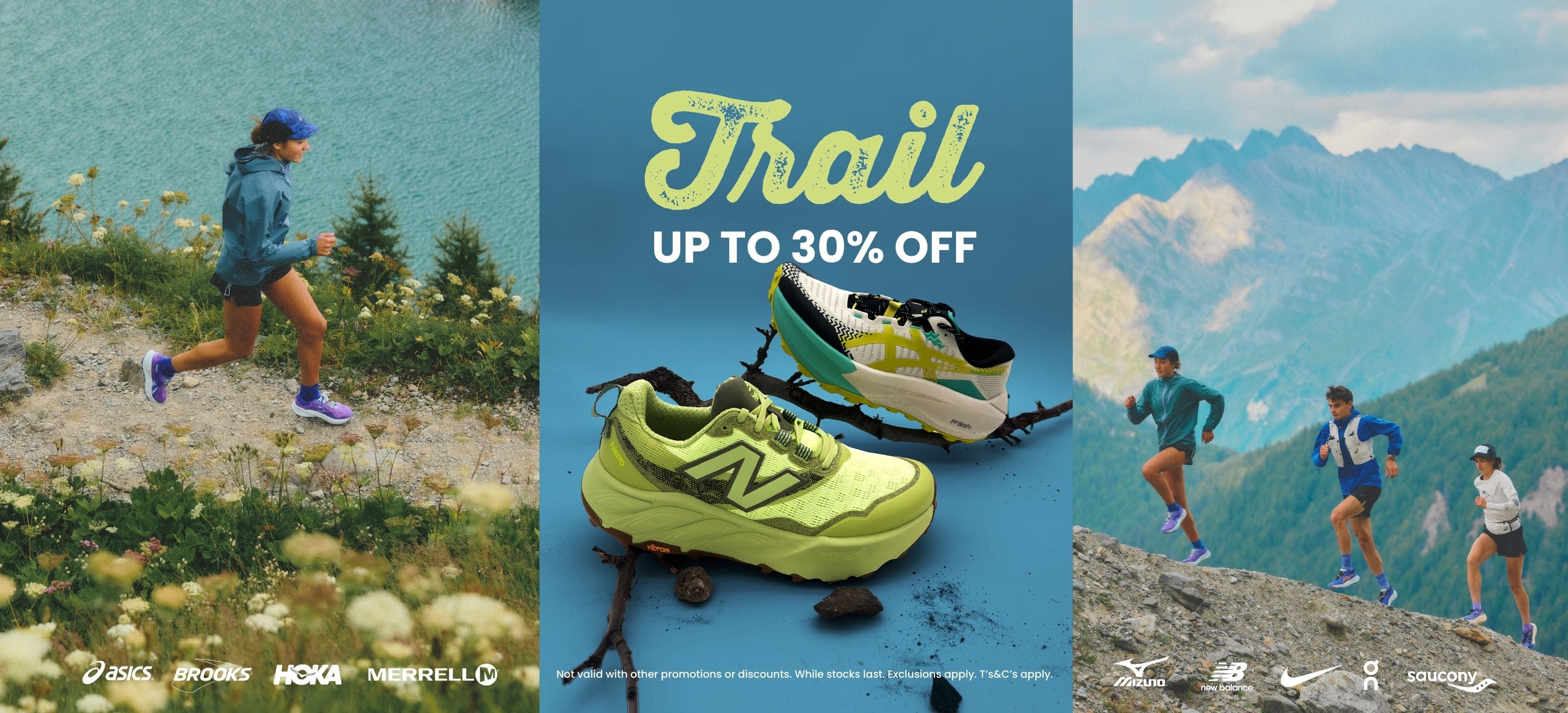 Promotional banner for trail running shoes with a discount offer, featuring runners in mountainous and forested environments.